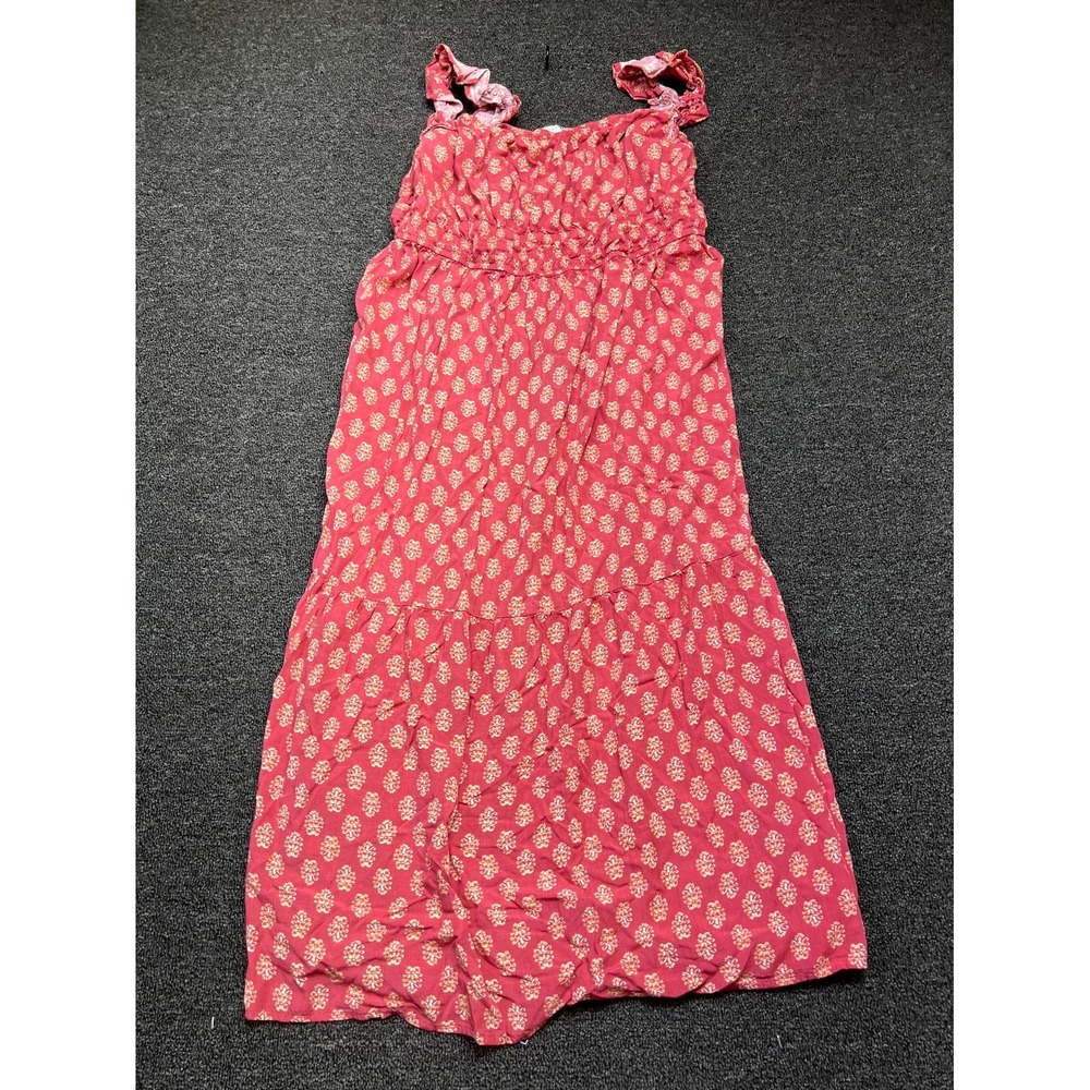 Lucky Brand Midi Dress Womens XL Red Floral Print Smocked Bodice Strappy Sleeve